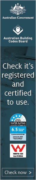 Image of a teal coloured tag in portrait layout with Australian Government and Australia Building Code Board logos at the top and Water Efficiency Labelling and Standards scheme and WaterMark scheme logos at the bottom. In the centre of the tag there is the slogan “Check it’s registered and certified for use”.